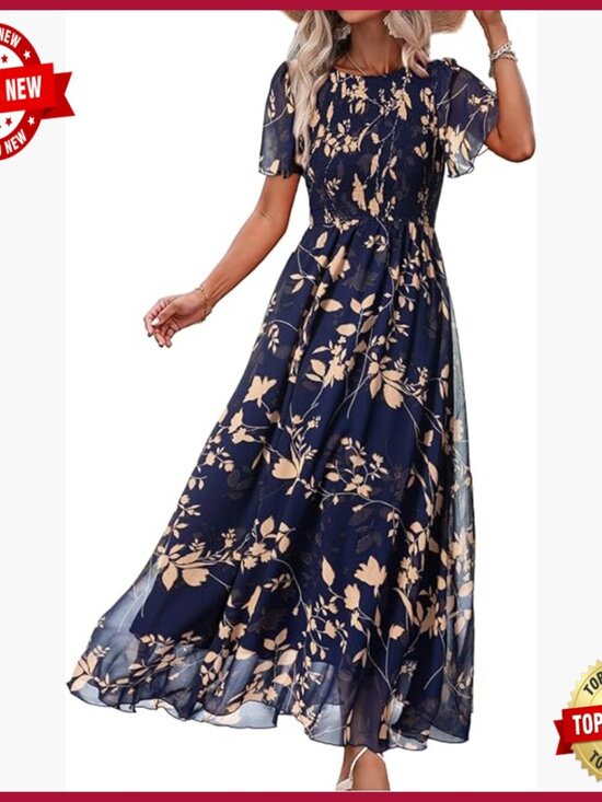 Dresses & Skirts - Summer Maxi Dress Floral Boho Flowy Chiffon Smocked Top Short Sleeve